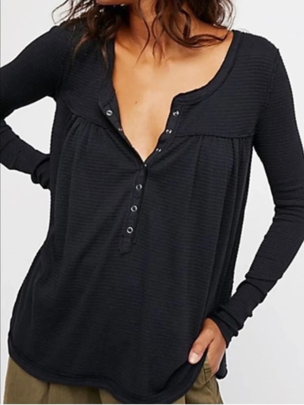 Free People Kai Thermal Henley Long Sleeve Top Black S